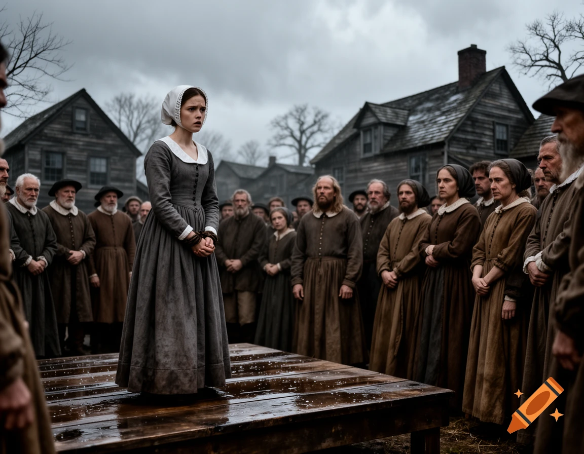 A young woman with bound hands stands on a wet wooden platform, surrounded by a somber crowd dressed in colonial attire, in a gloomy village setting under a cloudy sky.