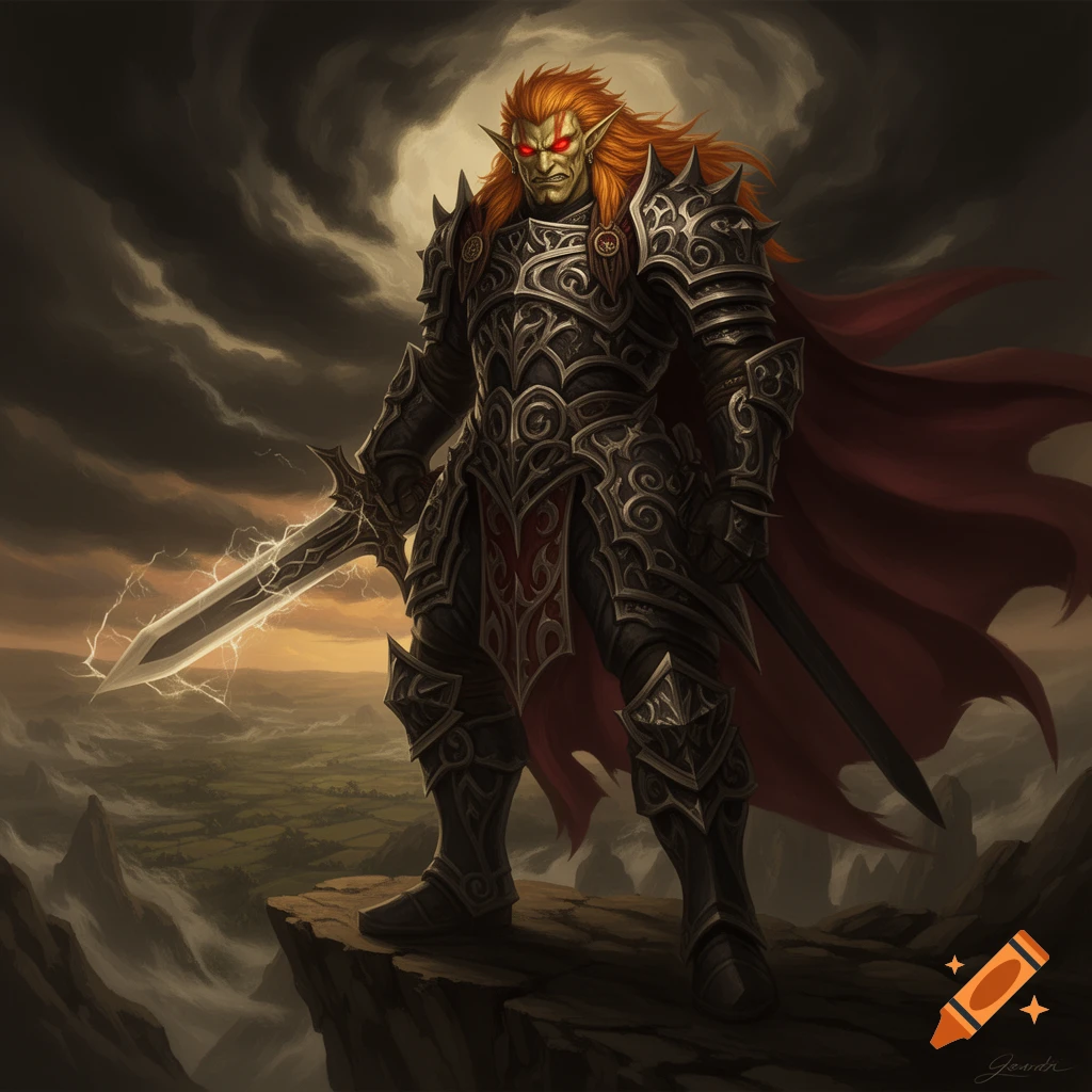 Ganondorf, a fantasy villain in ornate dark armor and red cape, stands on a cliff with a glowing sword against a stormy sky.