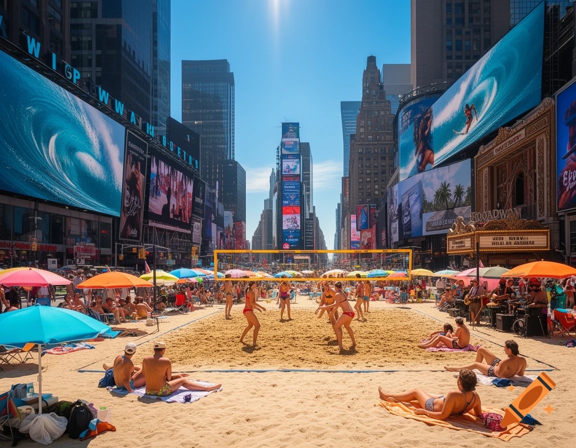 A sunny beach volleyball game in Times Square, New York City, surrounded by tall buildings and bright billboards.