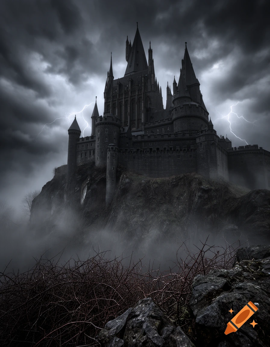 A dark, foreboding castle sits atop a rocky hill shrouded in mist, under a stormy sky with lightning.