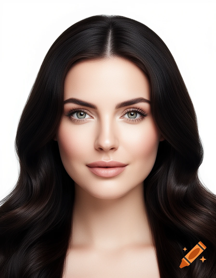 A photorealistic portrait of a young woman with long, dark wavy hair and light eyes, against a white background.