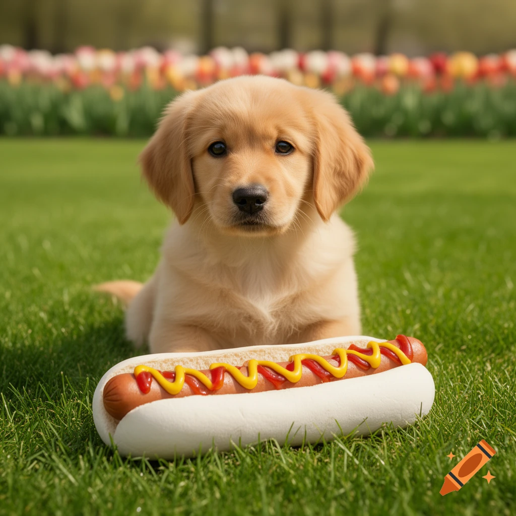 A cute golden retriever puppy sits in green grass with a hotdog topped with ketchup and mustard in front of it. Photorealistic style.