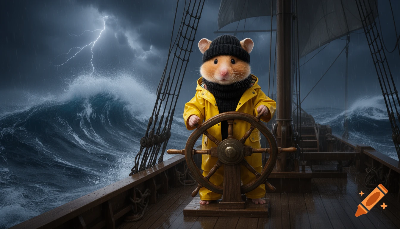 Photorealistic hamster in a yellow raincoat and black beanie steering a wooden ship through a stormy sea with lightning.