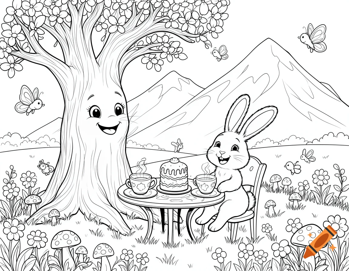Black and white coloring book page of a smiling tree and a cute bunny having tea and cake in a meadow with mountains, flowers, and butterflies.