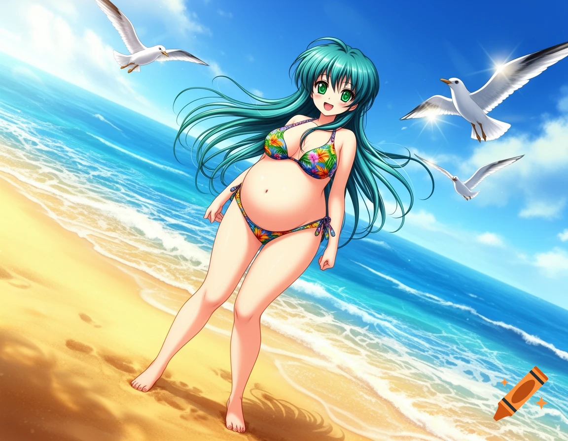 An anime girl with long green hair and a pregnant belly smiles while wearing a floral bikini on a sunny beach with seagulls flying.