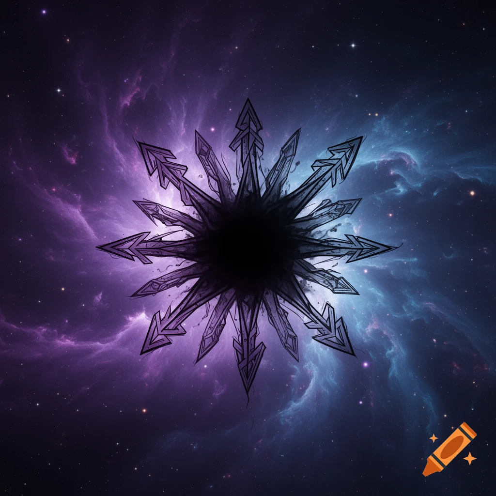 A dark, spiky, star-like symbol with arrow-shaped points radiating from a black center, set against a vibrant purple and blue nebula background with stars.