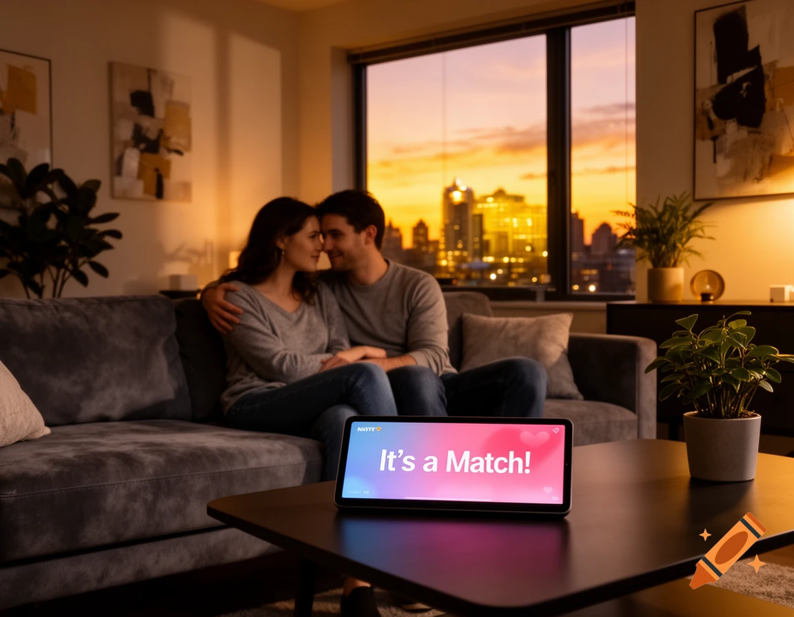 A couple sits closely on a couch in a modern living room, looking at a tablet displaying 'It's a Match!' with a city sunset view.
