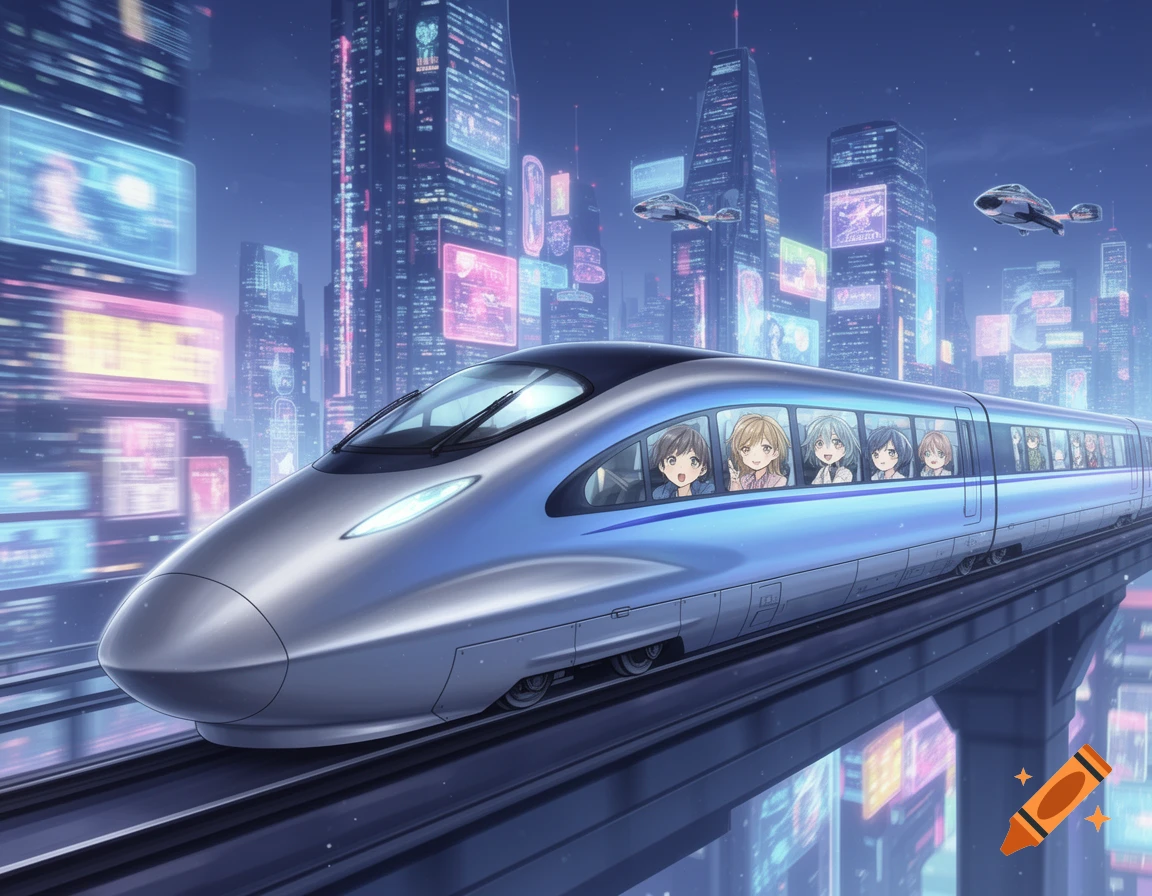 Anime-style blue bullet train with children inside, speeding through a futuristic cityscape at night with neon signs.