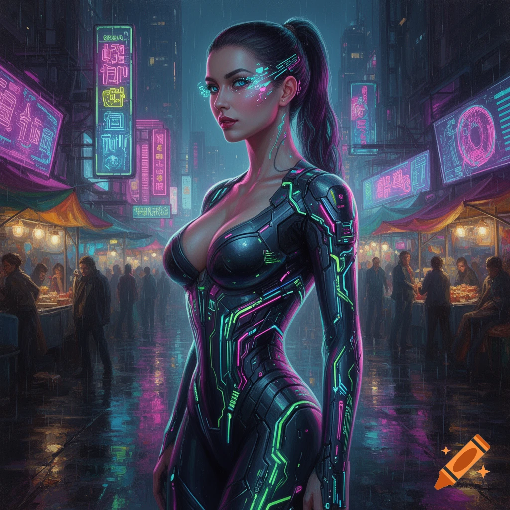 A futuristic cyberpunk woman in a glowing neon suit stands in a rain-slicked night market with holographic ads, hyperrealistic style.
