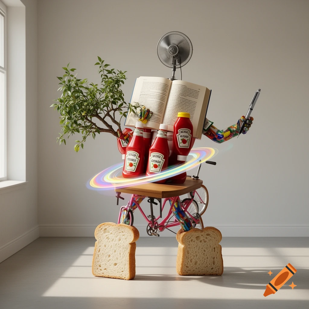 A surreal figure composed of a fan head, an open book, ketchup bottles, a small tree, and a pink bicycle, with a rainbow ring, standing between two slices of bread.