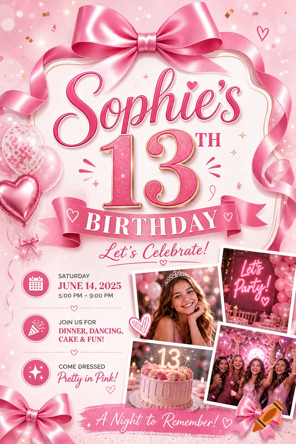A pink birthday invitation for Sophie's 13th birthday, adorned with ribbons, balloons, a cake, and photos of girls celebrating.