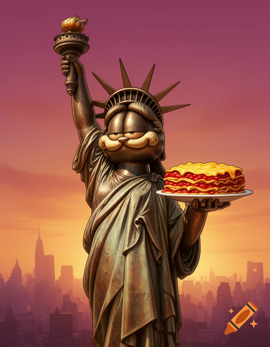 Garfield as the Statue of Liberty, holding a plate of lasagna, with a cityscape background at sunset.