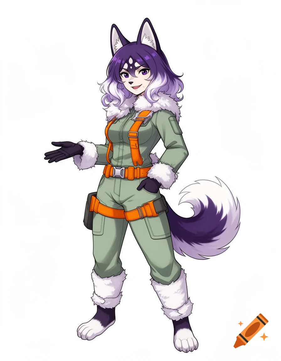 An anime husky-woman with purple hair wears a sage-green jumpsuit with orange straps and white fur trim, one hand pointing, on a white background.