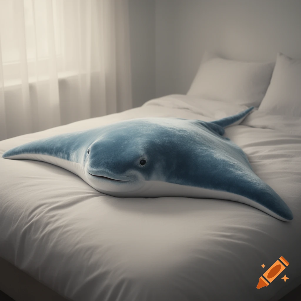 A soft blue stingray plush toy with a friendly face lying on a white bed in a bright bedroom.