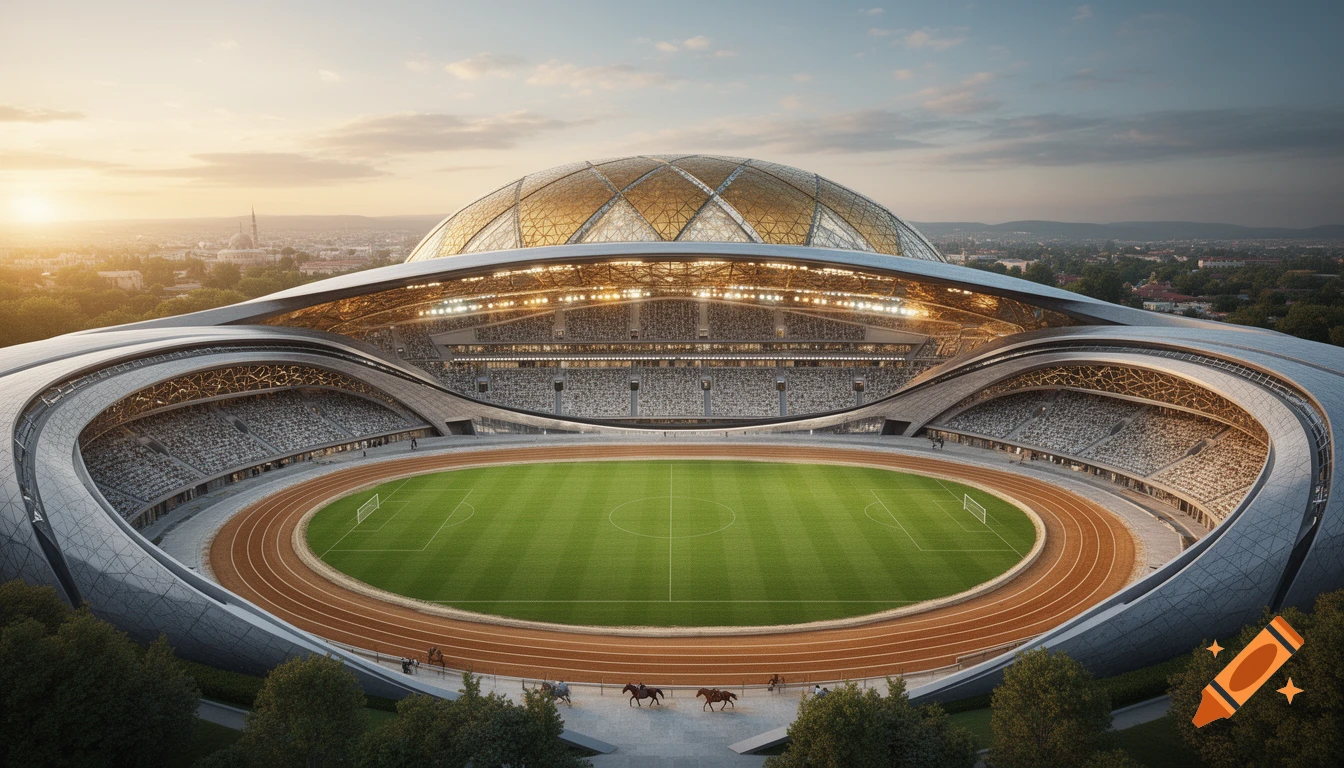 Photorealistic image of a futuristic, ultra-modern stadium with a green field, running track, and a golden domed roof, at sunset.