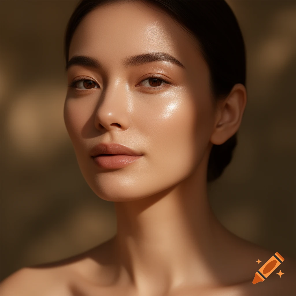 Close-up portrait of a woman with glowing skin, subtle makeup, and hair pulled back, illuminated by dappled sunlight.