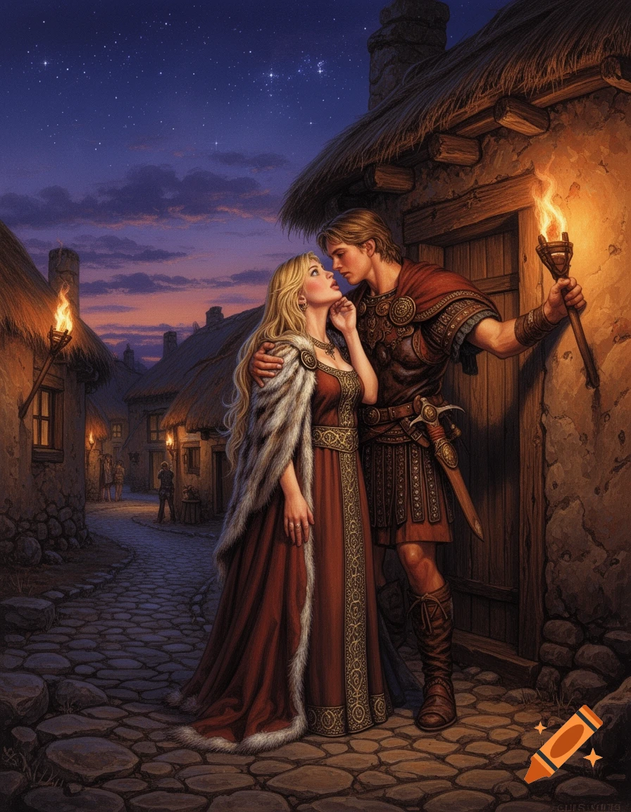 A warrior approaches a woman in a fur-trimmed dress for a kiss on a cobblestone street in a torch-lit Gaulish village at night, in a detailed fantasy art style.