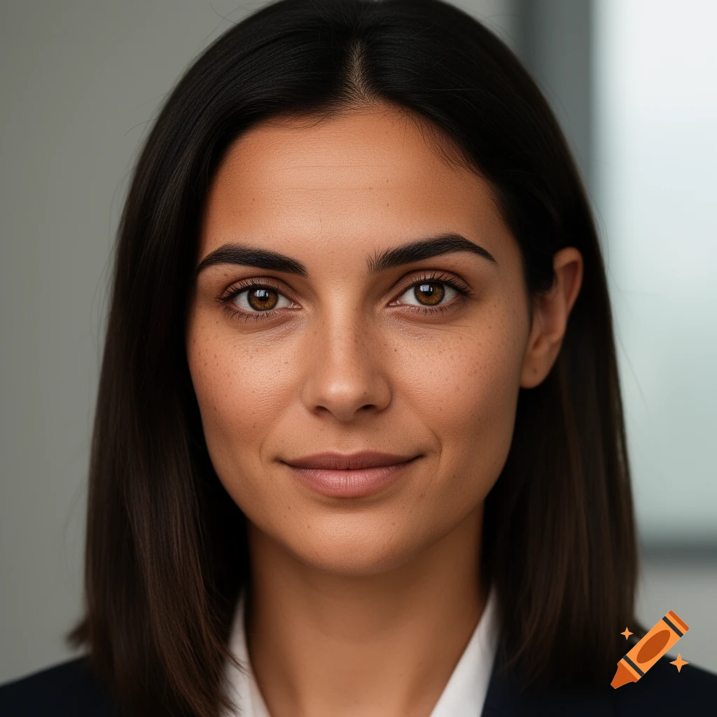 Close-up photorealistic portrait of a professional woman with dark hair and hazel eyes, wearing a suit, looking at the camera.