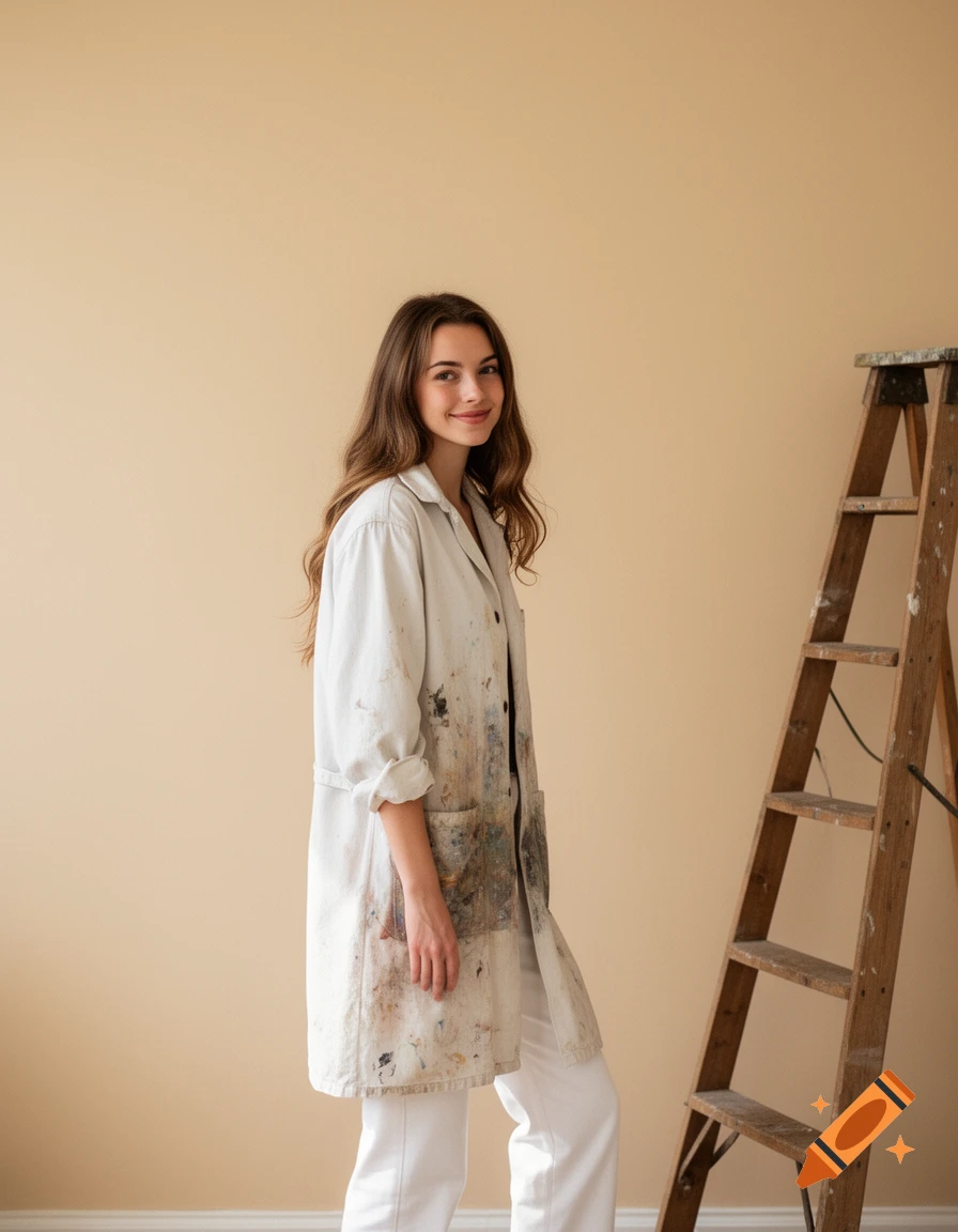 A smiling young woman in a paint-splattered white smock and white pants stands by a wooden ladder against a beige wall.