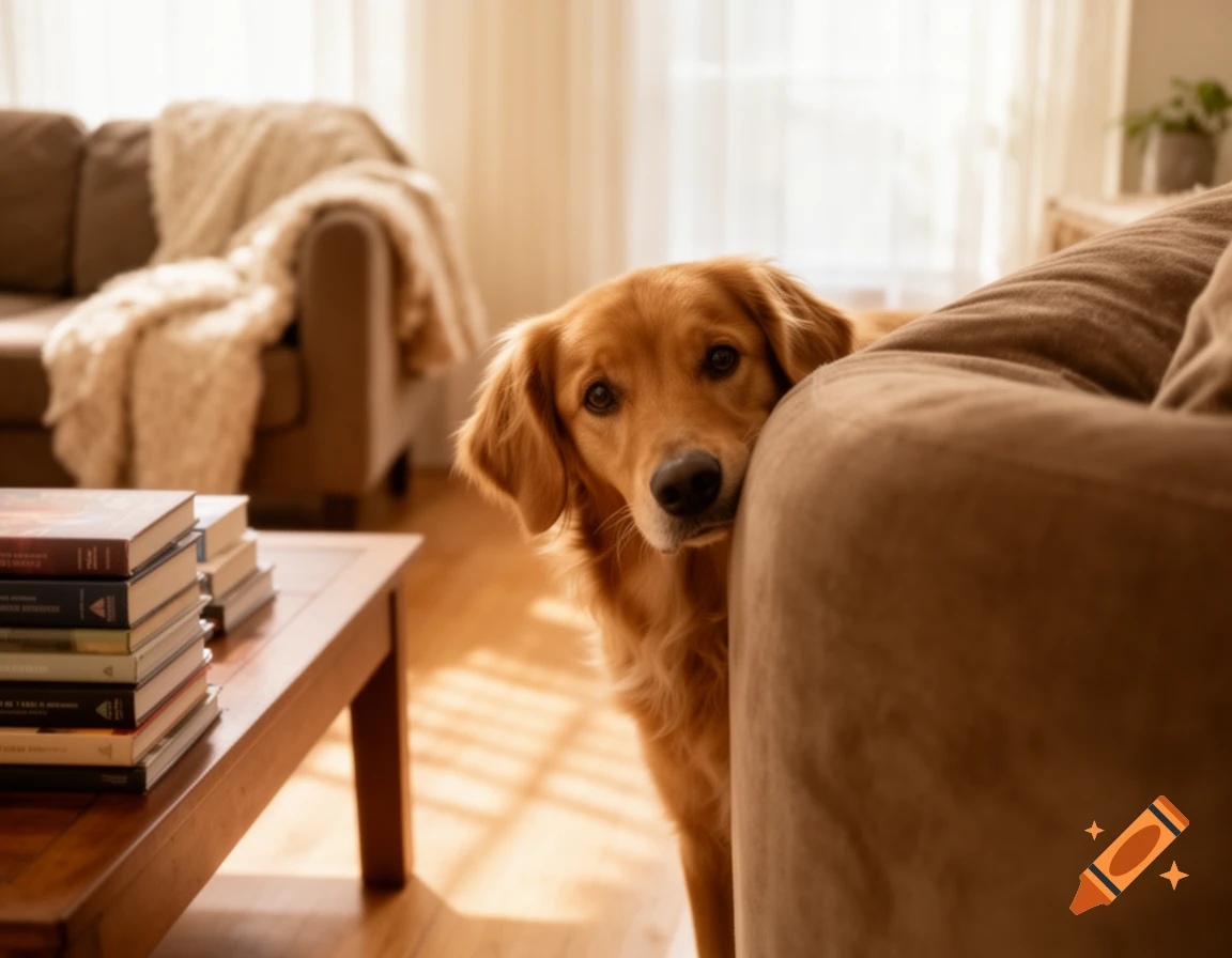 A photorealistic image of a golden retriever dog peeking from behind a brown sofa in a sunlit living room, looking directly at the viewer. A stack of books is on a coffee table in the foreground.