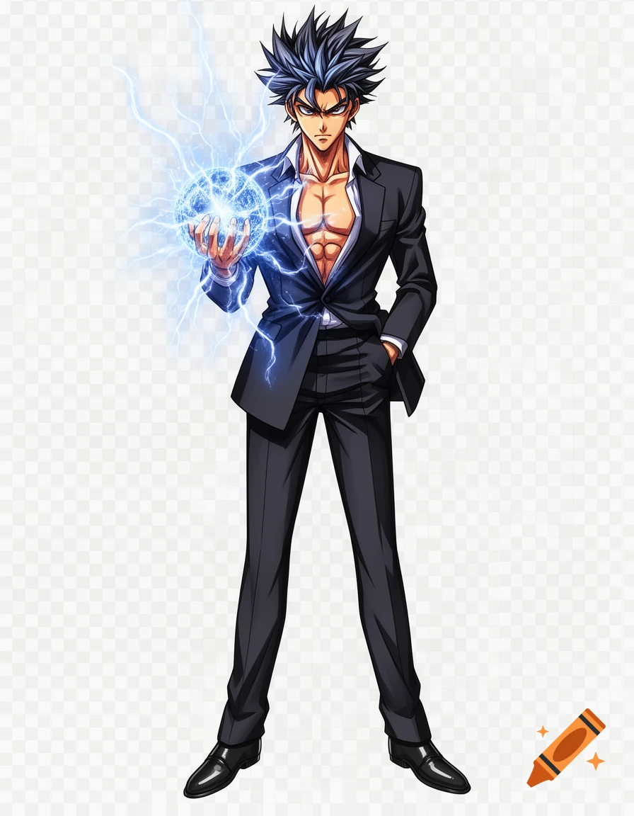 Anime male character with spiky dark hair, open suit revealing abs, holding a glowing blue electricity ball, standing on a transparent background.
