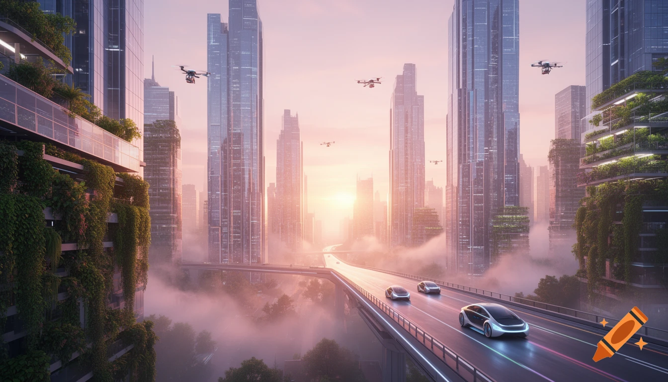 A futuristic cityscape at sunrise with tall skyscrapers, an elevated highway with sleek cars, and drones flying amidst pink clouds and mist.