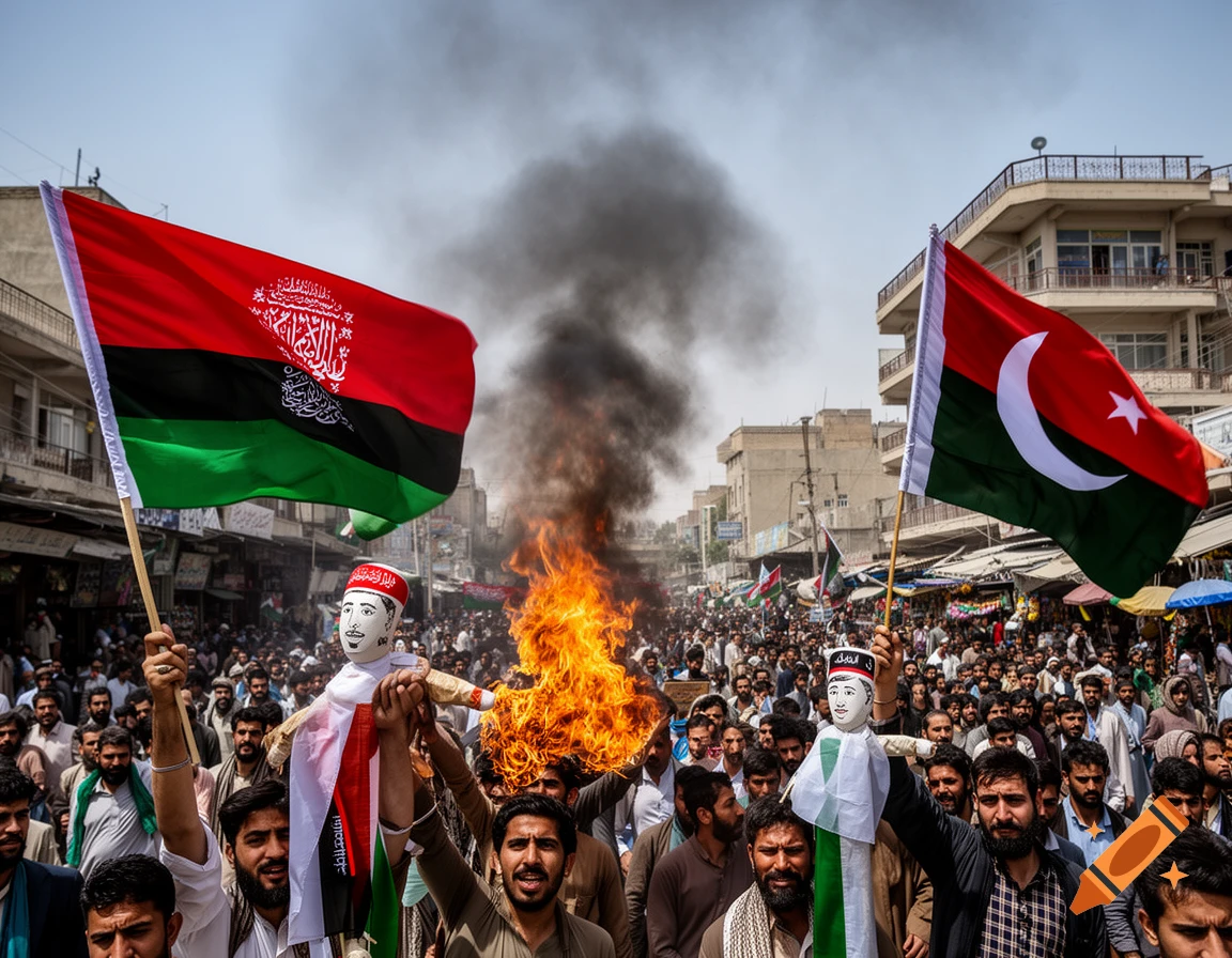 A large crowd of protestors gathers in a street, with two men in the foreground holding flags and effigies as a large fire burns behind them.