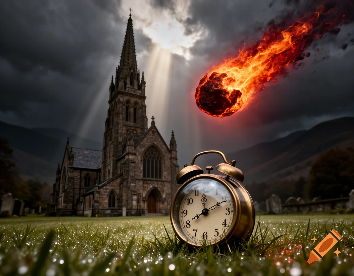A large burning meteor falls towards a gothic church under a stormy sky, with a close-up alarm clock in dewy grass.