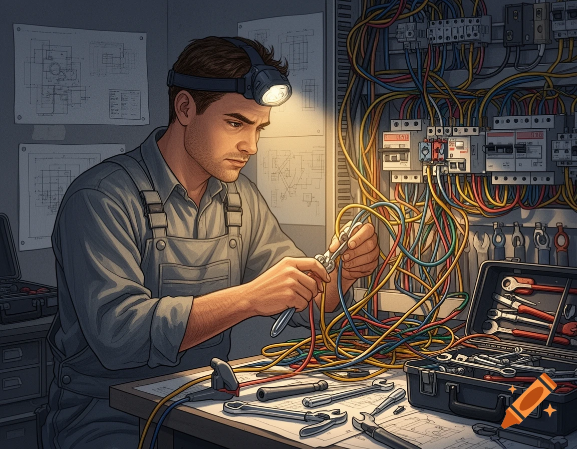 A man in overalls and a headlamp works intently on a complex electrical panel, surrounded by wires, tools, and blueprints. Photorealistic style.