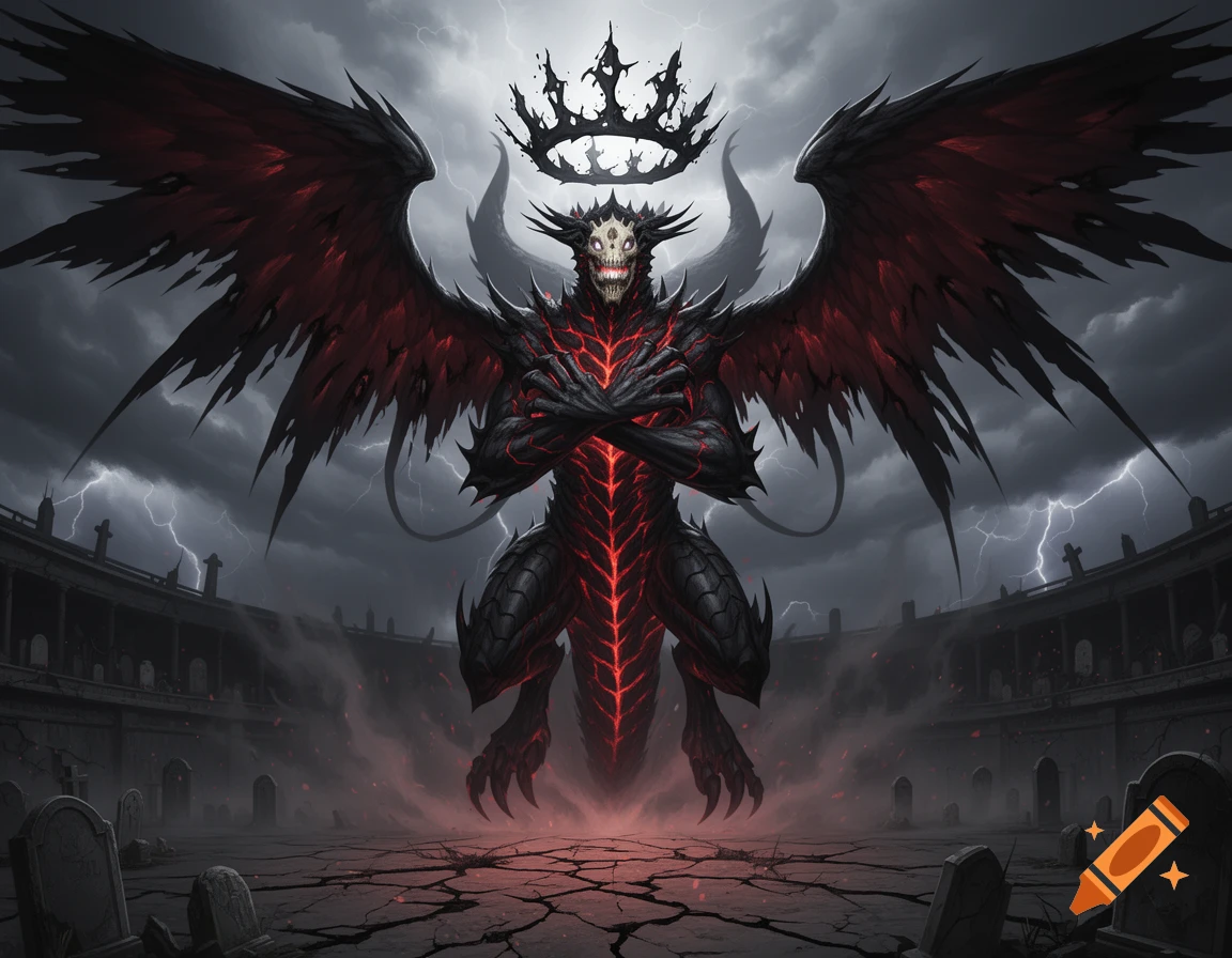 A colossal dark fantasy demon with red glowing patterns, large wings, and a skull face in a graveyard under a stormy, lightning sky.