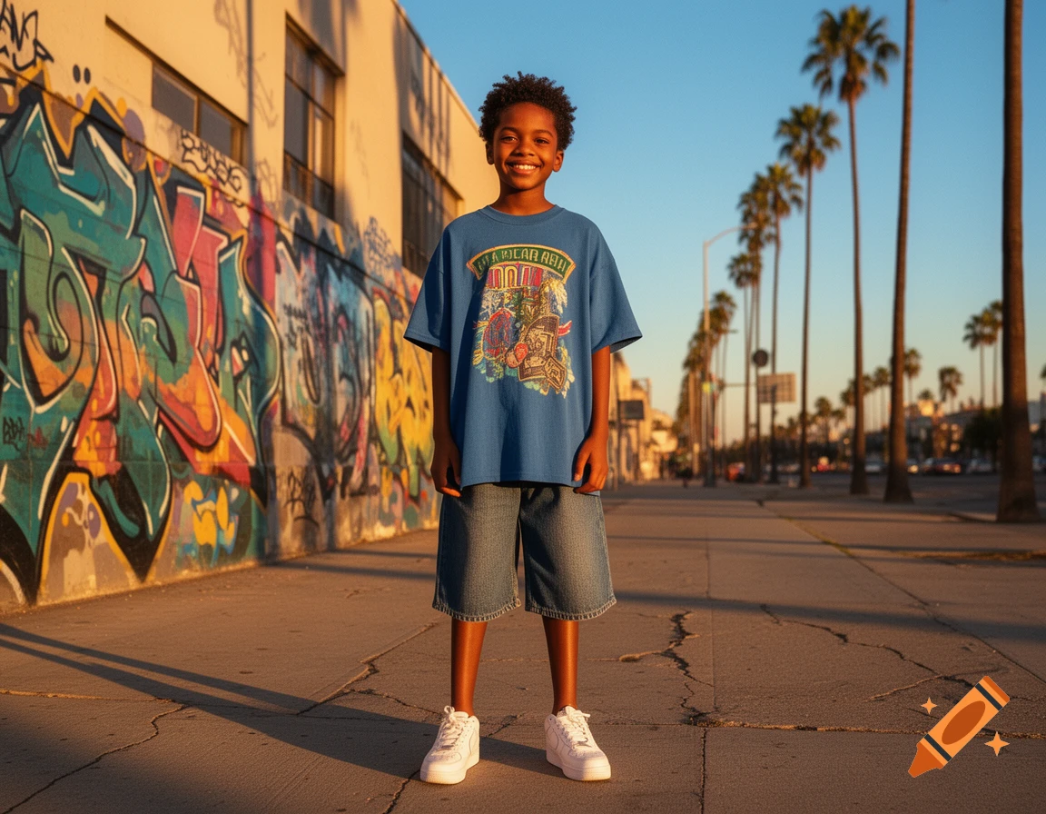 A smiling young boy with curly hair stands on a sunny urban street next to a colorful graffiti wall, with palm trees in the background.