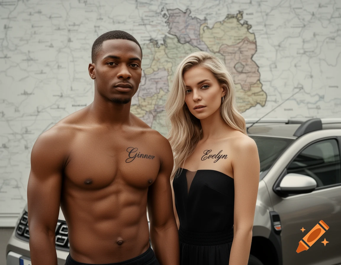 Photorealistic image of a Black man with 'Ginner' tattoo and a blonde woman with 'Evelyn' tattoo, in front of a Germany map and a Dacia Duster.