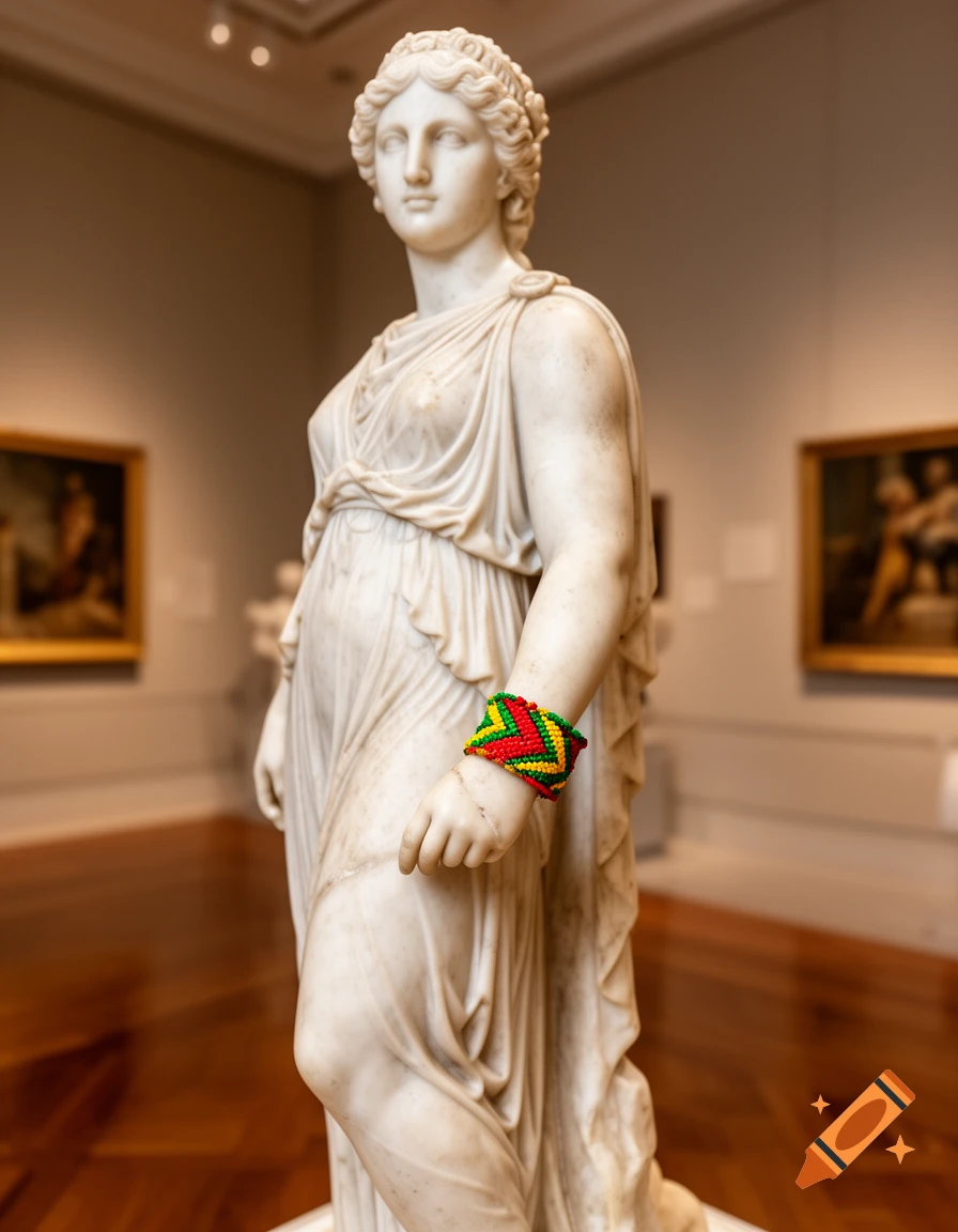 A marble classical statue wearing a colorful red, yellow, and green woven bracelet in a museum.