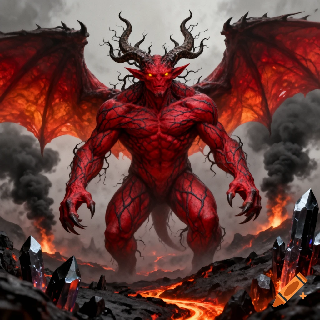 A muscular, red-skinned demon with large horns and bat wings stands in a fiery, volcanic landscape with dark crystals.