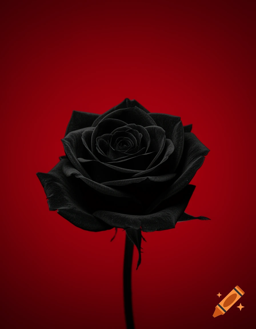 A dark black rose with a long stem stands prominently against a vibrant blood-red background.