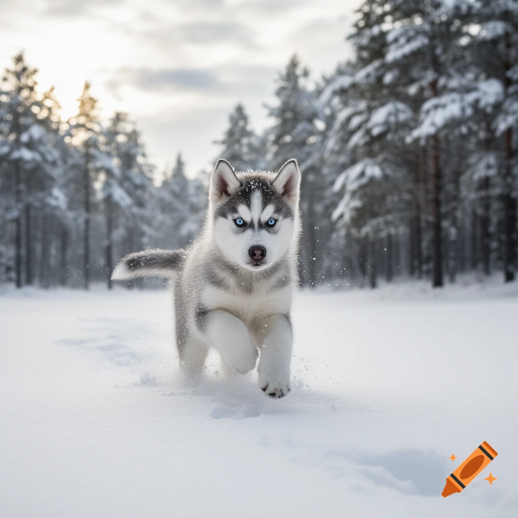 A fluffy husky puppy with bright blue eyes runs through deep snow in a sunlit winter forest.