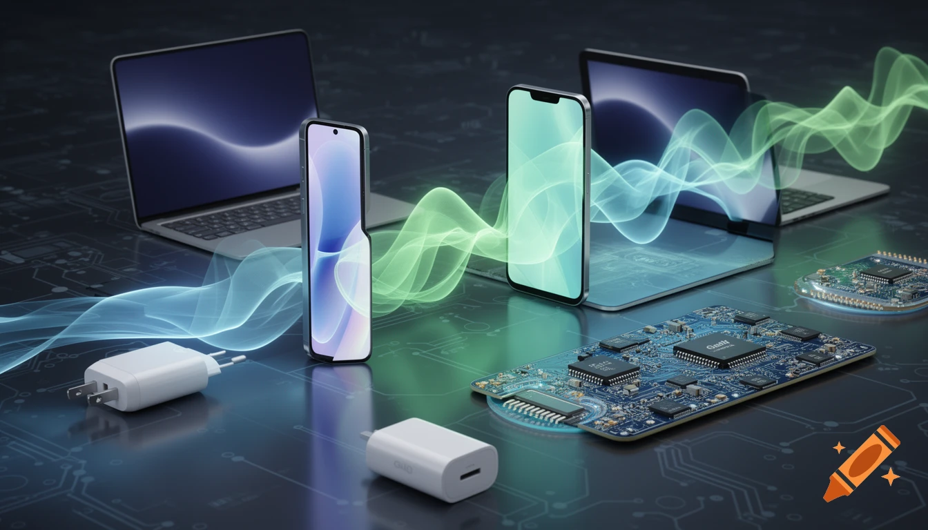 Laptops, smartphones, chargers, and circuit boards arranged on a dark, circuit-patterned surface with glowing blue and green energy waves flowing between them, in a clean technology illustration style.