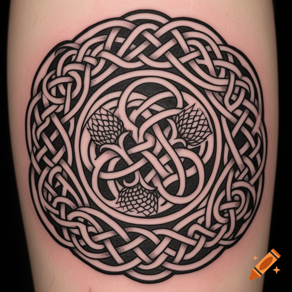 A circular black Celtic knot tattoo with interwoven patterns and three thistle designs on a person's skin.