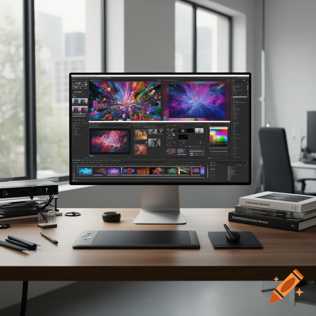 A modern office desk with a large monitor displaying colorful abstract art in a graphic design software interface, next to books and a drawing tablet.