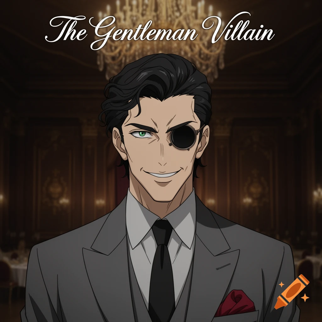 An anime-style portrait of a dark-haired man in a grey suit and monocle, smiling slyly, against a formal, ornate background.