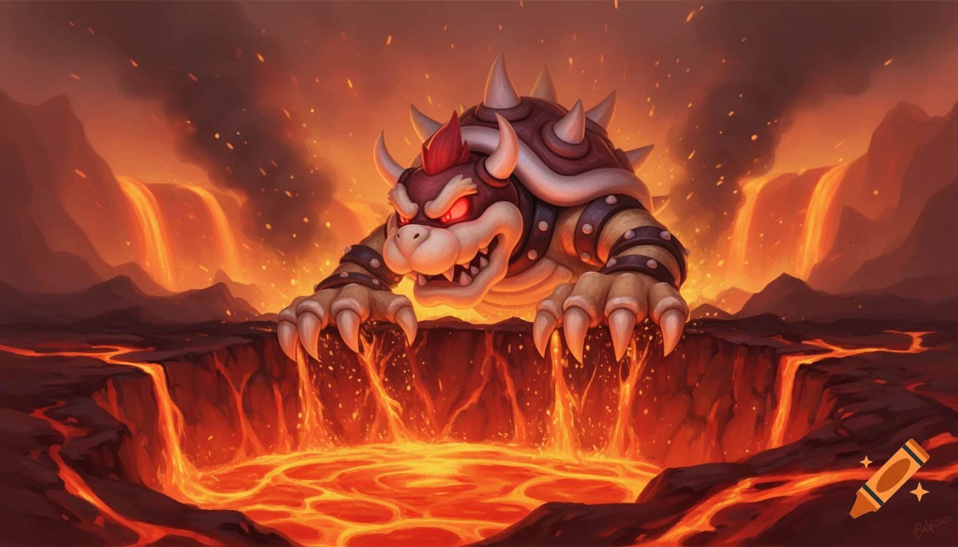 Bowser, the Super Mario villain, emerges menacingly from a glowing lava pit in a fiery, volcanic landscape, digital art.