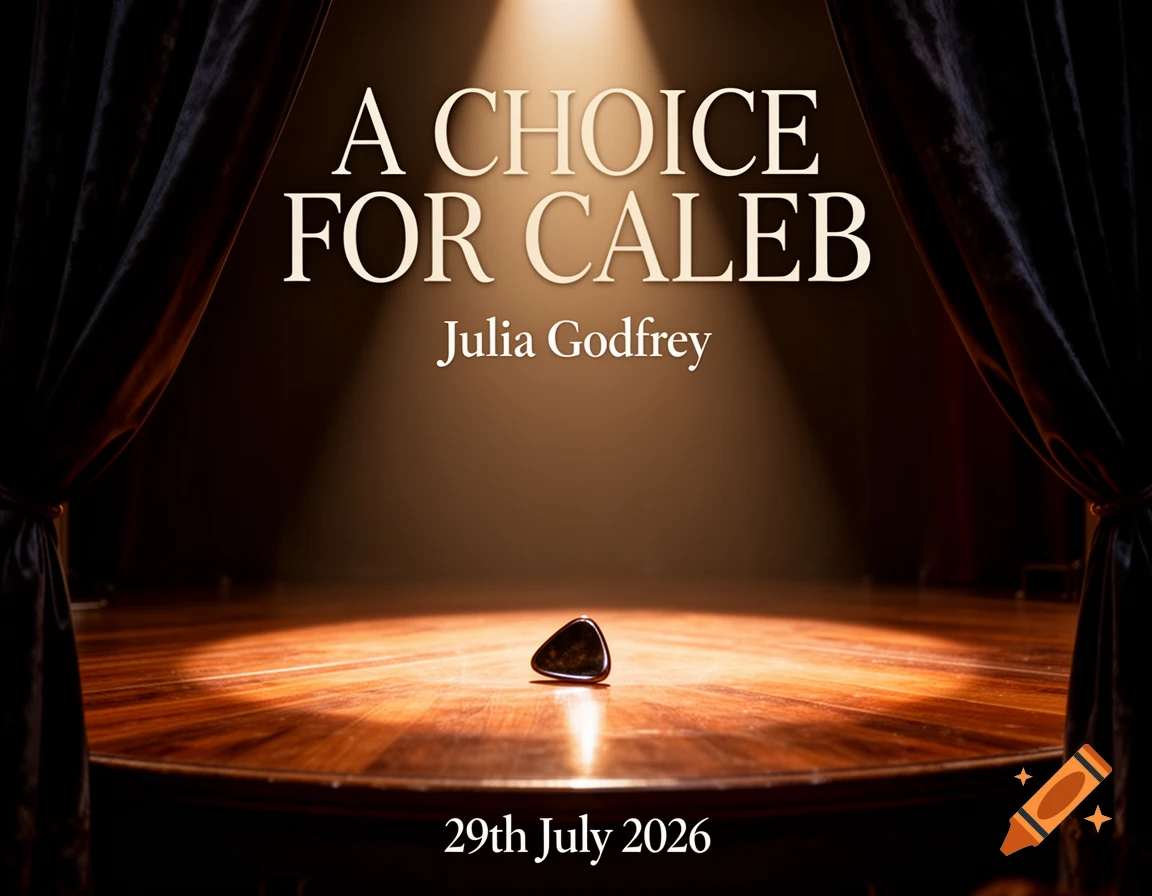 Dramatic image of a spotlighted wooden stage with dark curtains, featuring the text 'A Choice for Caleb' and a guitar pick.