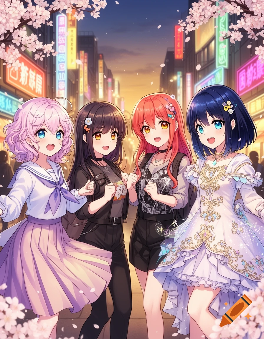Four anime girls smiling on a city street at dusk, with neon signs and cherry blossoms.