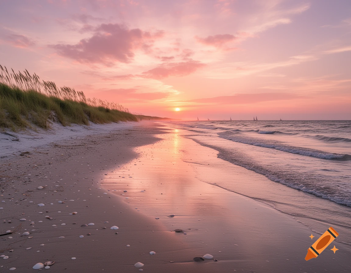 A serene beach at sunset with pink and orange clouds, calm waves reflecting the light, and sand dunes with grass.