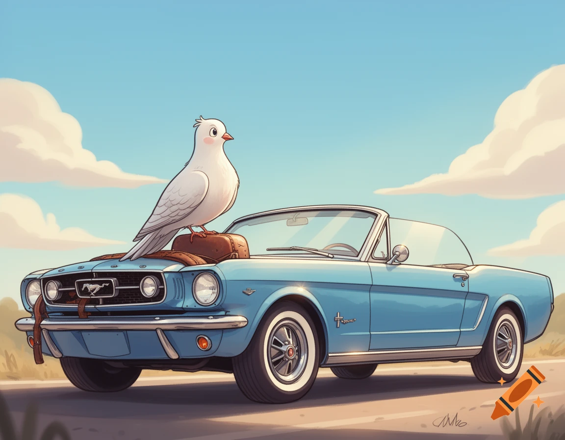 A cartoon white dove sits on the hood of a light blue vintage convertible Mustang, parked on a road under a blue sky with clouds.