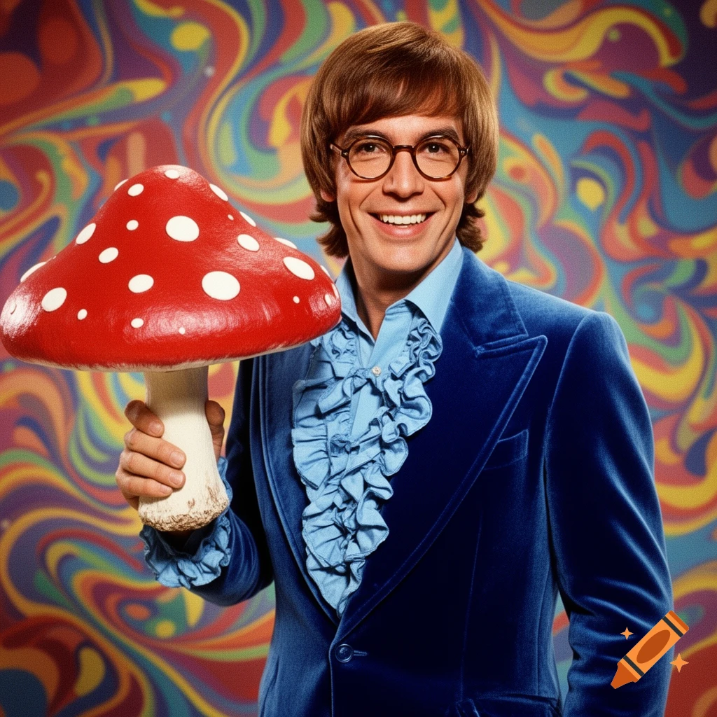 Smiling man resembling Austin Powers in a blue velvet suit holds a large red mushroom against a colorful psychedelic background.
