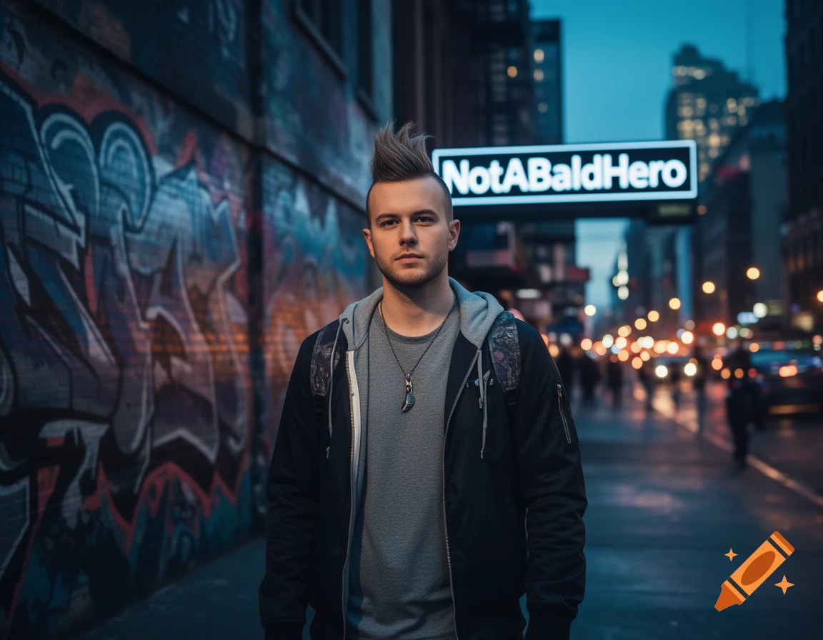 A photorealistic image of a young man with spiky hair and a backpack standing on a city street at dusk, with graffiti and a 'NotABaldHero' sign.