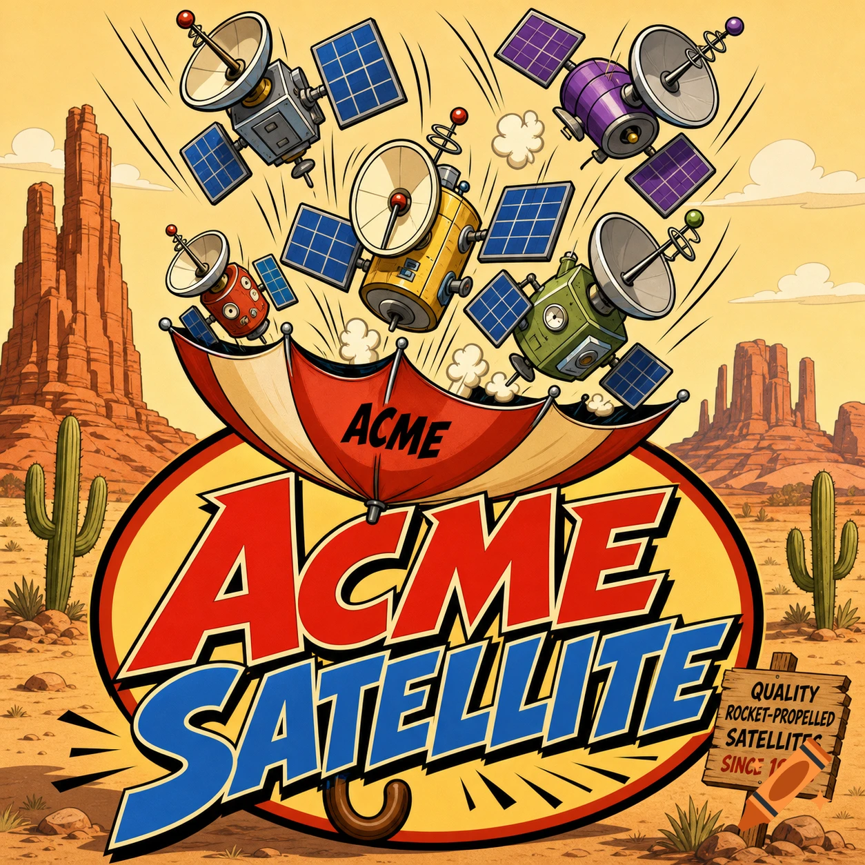A cartoon-style "Acme Satellite" logo features satellites falling into an open umbrella, set against a desert background with mesas and cacti.