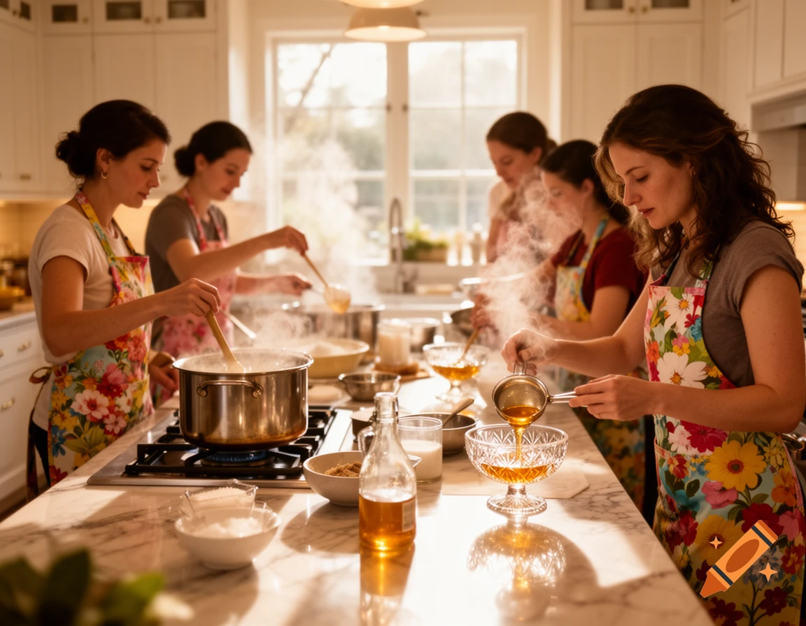 Multiple women wearing aprons cook together in a bright, modern kitchen, stirring pots and pouring liquids.