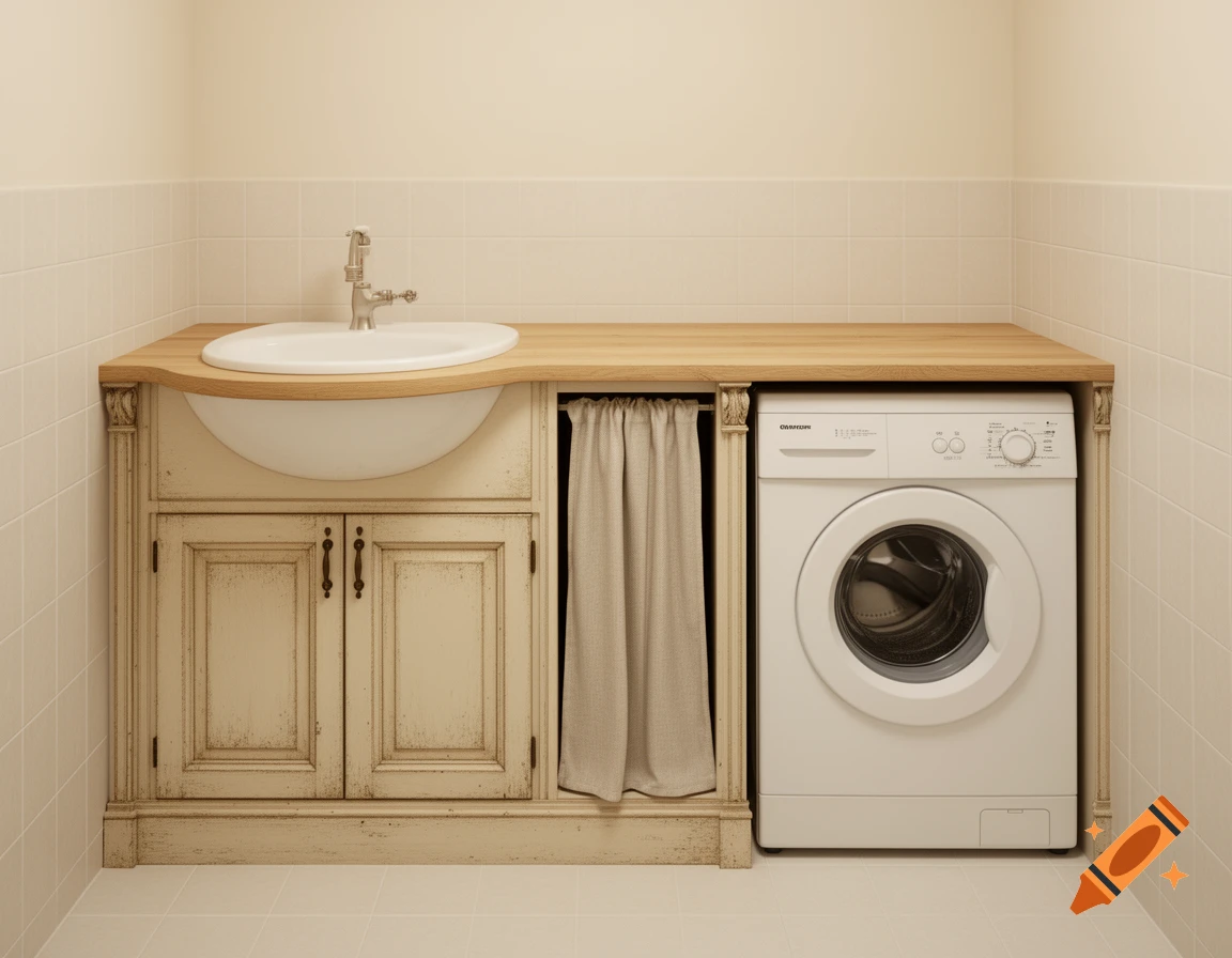 A cozy Provence-style bathroom features a wooden vanity with a sink, an integrated white washing machine, and a linen curtain.
